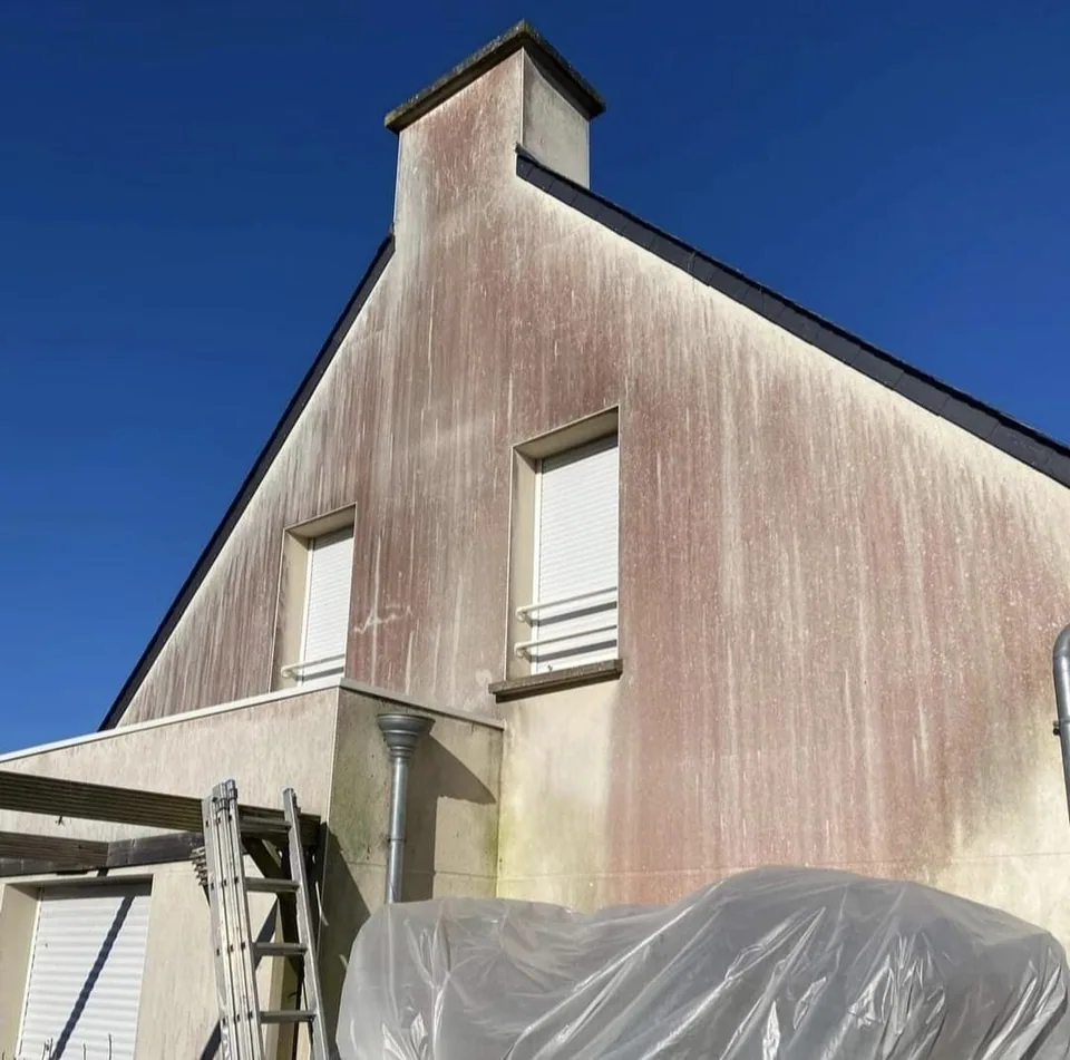 Le pignon avant les travaux, avec la protection des abords.